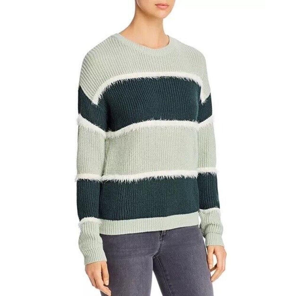 Vero Moda Josephine Pullover Crewneck Sweater Green Striped Fuzzy Stripe M